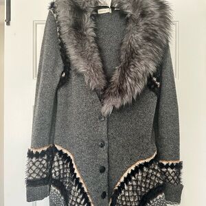 Anthropologie Gray Faux Fur Trim Cardigan